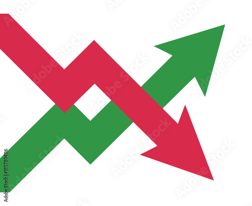 Intertwined red and green arrows illustrate opposing trends suggesting market volatility or competitive dynamics