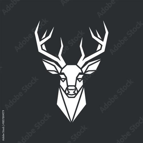 A striking geometric illustration of a majestic deer head featuring simplified lines and a monochrome palette