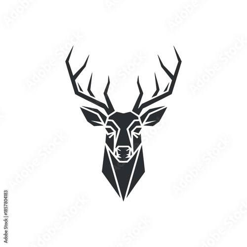 A striking geometric design showcases the head of a majestic stag rendered in a bold black silhouette