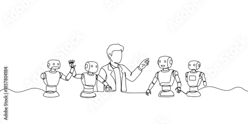 Continuous one line drawing of a person working with robots, symbolizing industrial revolution, line art style vector illustration.