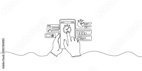 Continuous one line drawing of a person using a time management app on their phone, symbolizing time management apps, line art style vector illustration.