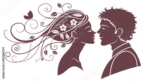 A romantic illustration depicting a couple intimately facing each other adorned with floral elements in silhouette