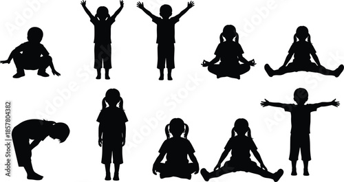 Children silhouettes, kids poses, sitting, standing, squatting, yoga, playful stances, vector artwork, educational design, childhood icons, activity illustration
