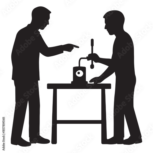 Two men collaborating on a mechanical device, one instructing the other.