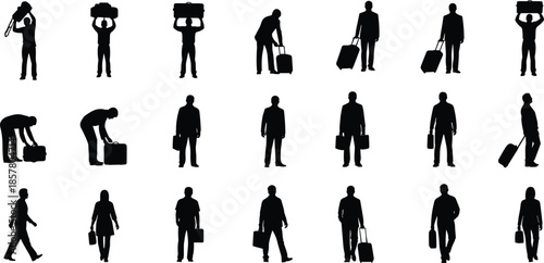 Travel silhouettes, people with luggage, suitcase icons, carrying bags, walking travelers, airport design, vector illustration, journey artwork, transportation elements