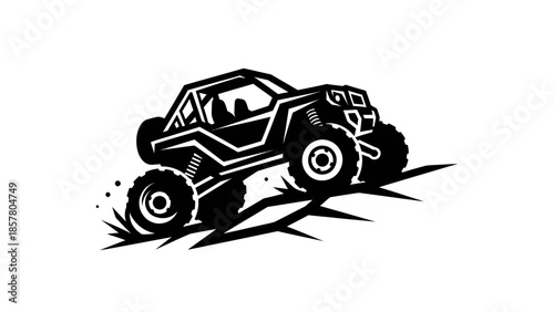 Off-road vehicle climbing a steep incline black and white illustration.