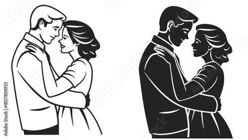 a romantic illustration depicting a couple embracing presented in both white and black silhouette high quality professional