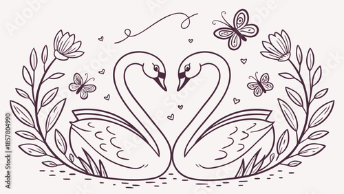 an intricate floral wreath design featuring two swans forming a heart shape a delicate illustration silhouette