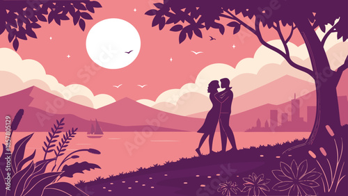A romantic couple embraces against a vibrant sunset and city skyline beautifully presented as a silhouette