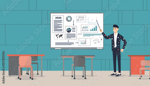 Professional Man Presenting Business Data and Financial Projections on Whiteboard in Classroom Setting
