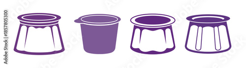 Four purple containers with different lid styles and shapes, presented in a row against a white background.