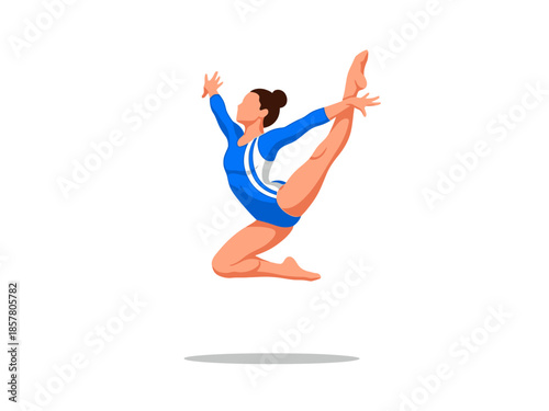 A female gymnast performs a rhythmic dance routine on a studio floor with a simple background
