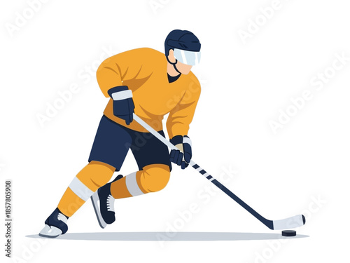 A hockey player in action, skating and hitting the puck on the ice rink from a side view