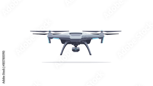 Modern drone with camera hovering in minimalistic white background