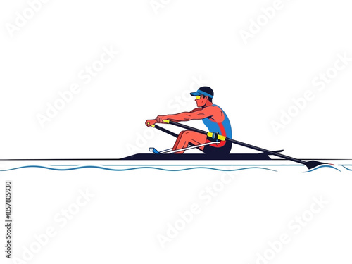 A lone athlete rows a boat on calm waters with focused determination from a side viewpoint.