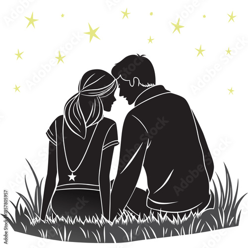A romantic couple sharing a tender moment amidst a starry night and gentle blades of grass silhouette