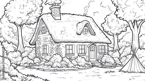 Thatched cottage, woodland setting, peaceful scene, coloring book page