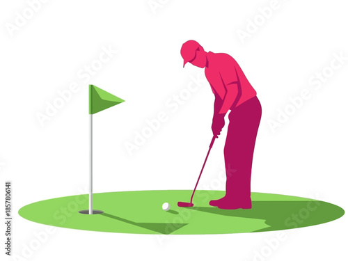 A golfer in red putting on a green with a flagstick nearby on a sunny day