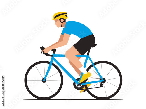 A man rides a blue bicycle with a helmet on a plain white background