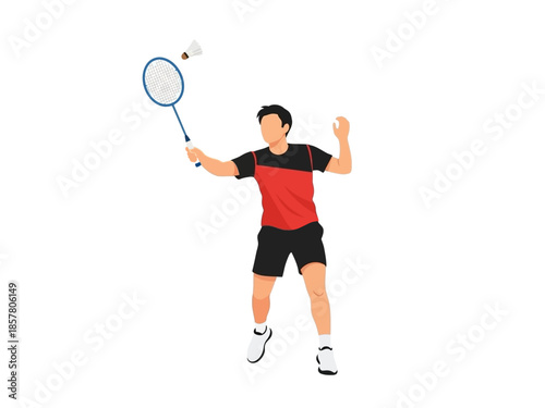 Man playing badminton with racket and shuttlecock in mid-air action shot
