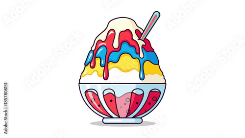 Colorful cartoon shaved ice dessert with syrup in a bowl