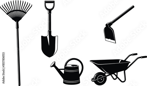 Silhouette illustration set of 5 garden tools rake shovel hoe watering can and wheelbarrow
