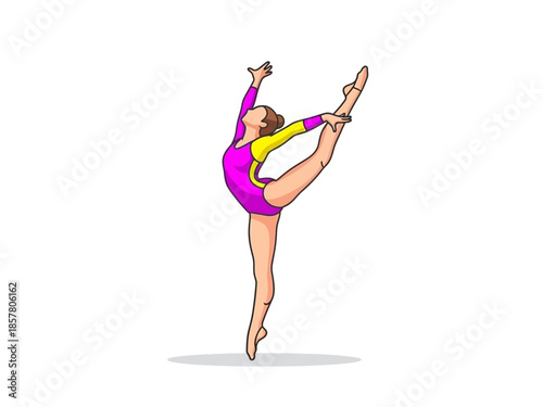 A gymnast performs a rhythmic routine with ribbon on a white background