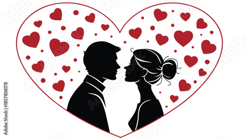 A romantic illustration showcasing a couple facing each other within a heart shape a beautiful silhouette