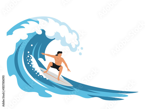 Man Riding a Wave on a Surfboard in the Ocean from a Side Viewpoint