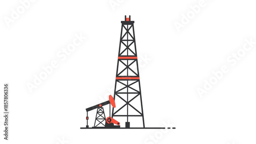 Minimalist illustration of oil drilling rig and pump jack