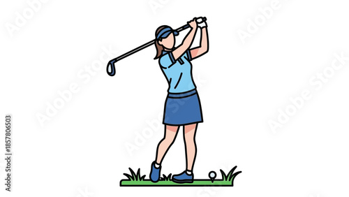 Female golfer swinging club on green grass in vector illustration