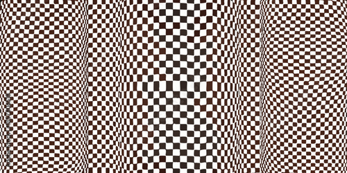 Optical illusion with waving black and brown checkered pattern background