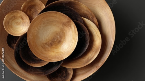 Close-up of a wooden bowl with multiple layers of different sizes and shapes. the bowl is made of light-colored wood and has a smooth finish.