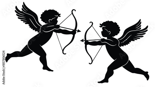 two cherubic figures with wings and bows engage in a playful archery contest presented as a silhouette
