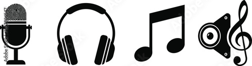 Set of 5 musical icons silhouette microphone headphones music note speaker and treble clef