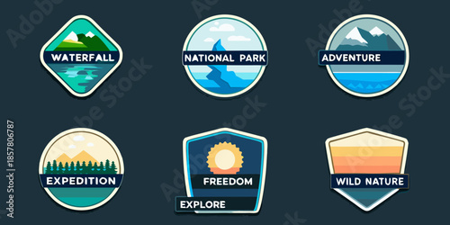 Collection of outdoor adventure badges featuring mountains forests and water