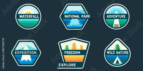 Colorful outdoor adventure badges featuring mountains trees and water scenes