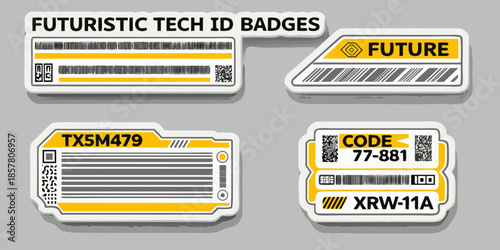 Futuristic tech id badges design elements with barcodes and alphanumeric codes