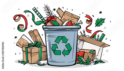 Post-holiday recycling efforts: overflowing bin of festive waste and gift wrap illustration.