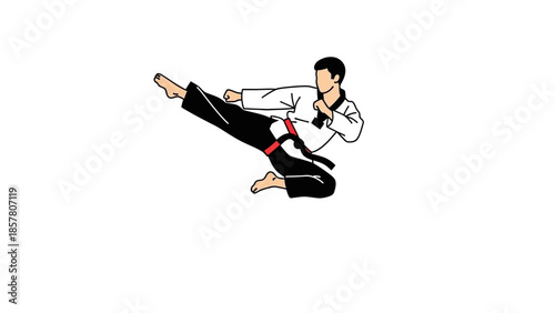 Martial artist performing high kick in traditional uniform