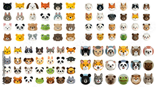 Illustration set of cute animal faces with expressive emotions ideal for stickers emojis kids designs educational tools and playful digital communication visuals