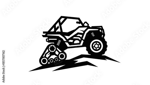 Off-road vehicle with tracks and wheels on a stylized hill.