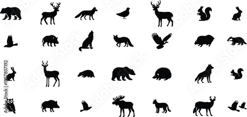 Black forest animal icon set in flat style, wildlife silhouette and outline collection with deer, bear, wolf and bird symbols, minimal monochrome nature vector graphic group