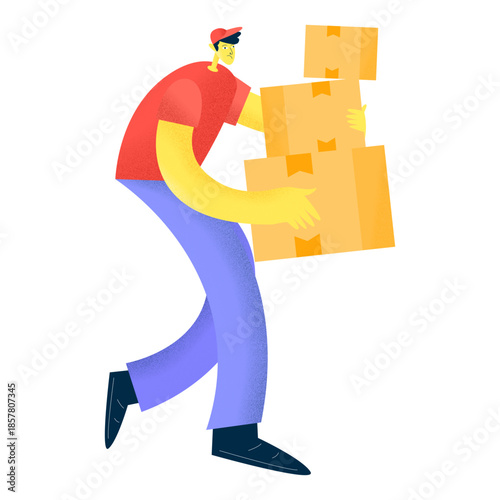 Courier Man Walking and Delivering Stacked Cardboard Boxes Illustration With Grain Texture