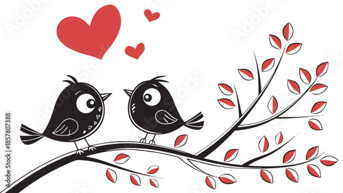 a charming illustration of two black birds perched on a branch amidst red hearts and leaves silhouette