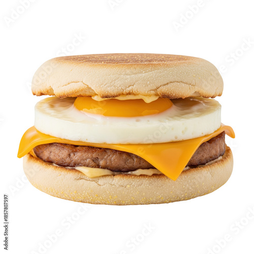 English muffin breakfast sandwich with fried egg sausage patty and melted cheese slice