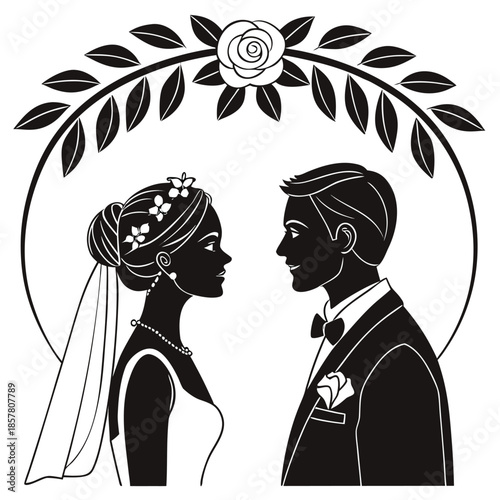 a romantic black and white depiction of a bride and groom facing each other with floral embellishments silhouette