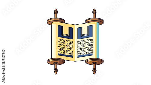 Illustration of an Open Torah Scroll with Hebrew Text