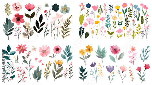 Illustration set of flowers leaves and botanical elements in soft colorful styles suitable for spring designs romantic themes nature branding and decorative floral compositions