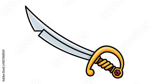 Cartoon style pirate sword with golden hilt and curved blade